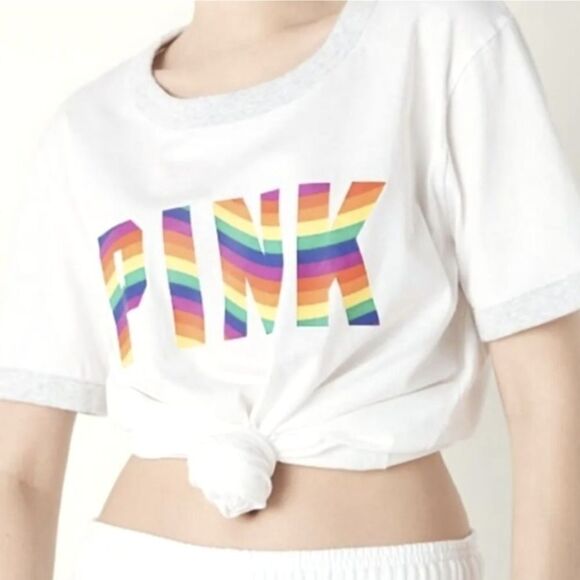Pink by Victoria's Secret white & rainbow pride logo oversized t-shirt top XXL - Picture 1 of 5